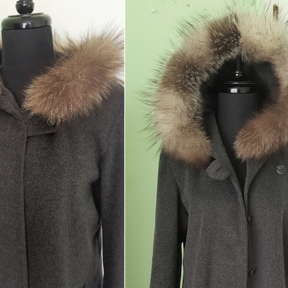 Ellen Tracy Gray Wool Coat w/ Fox Fur Trim Sz 8 - Picture 4 of 7